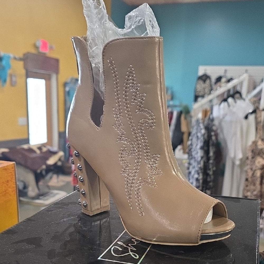 Chic Beige Peep-Toe Ankle Boots with Embellished Heel